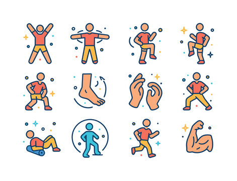 Warm-Up Icons Set. Warm-Up Routine. Colorful isometric vector icons set of Warm-Up Routine: jumping jacks, arm circles, leg swings, high knees, side lunges,