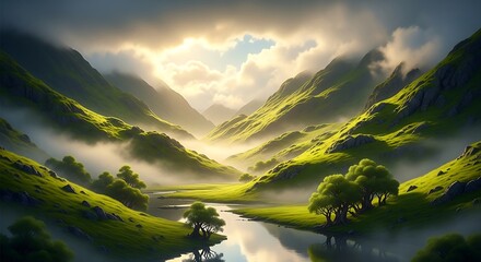 Misty Mountain Valley with River and Sunlit Peaks.