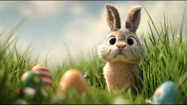 Animated Bunny Peeking Through Green Grass with Easter Eggs in a Bright Spring Scene for Good Friday and Easter Celebrations