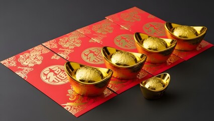 Traditional Chinese gold ingots and red envelopes symbolizing wealth and good fortune on a dark background.