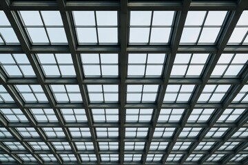 Abstract perspective view of modern glass ceiling grid structure with natural light background and geometric architectural pattern design. Ai generative