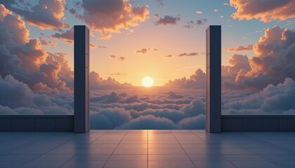 Serene sunset over clouds from modern architectural viewpoint