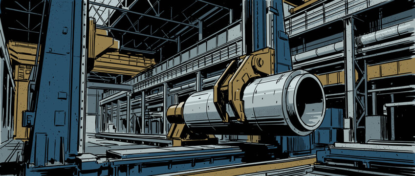 Powerful industrial machine with a robotic arm lifts a heavy metal pipe in a vast factory, depicted in a gritty, graphic illustration style with bold lines and a limited color palette