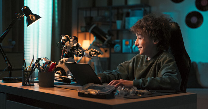 Immersed in the glow of the screen, the gifted student improves his robot by coding new abilities. Each success leads to celebration and deeper interest in technology.