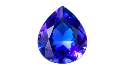 A faceted teardrop gemstone glows with vibrant blue and purple hues