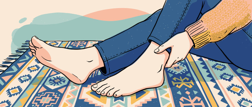 Person's bare feet and sprained ankle being massaged while sitting on a colorful patterned rug, illustrating joint pain, injury, or discomfort in a modern graphic style