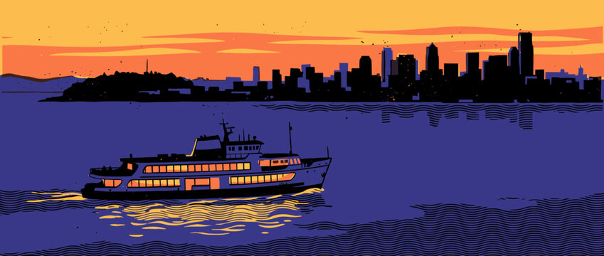 Illustrated passenger ferry with glowing windows sails on dark blue water at dusk with a city skyline silhouetted against an orange sky in a graphic, retro style