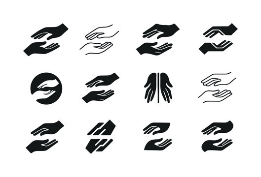 Emblematic Interaction Icons. interaction. Icon set. Set Logo of interaction: two hands reaching toward each other. harmonious logo variations of the same