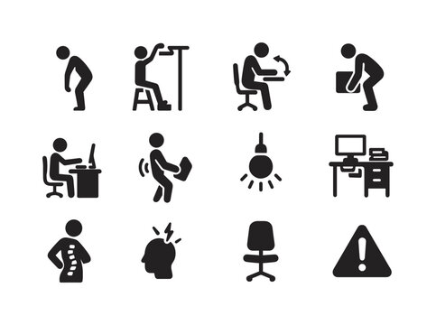 Ergonomic Hazard Icons. Ergonomic hazards. Solid icon set of Ergonomic hazards: awkward posture icon, overreaching symbol, repetitive motion icon, heavy