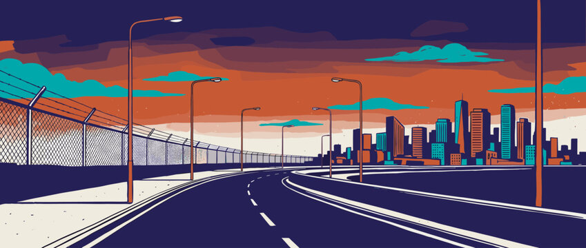 Empty urban highway with a fence and streetlights curves towards a modern city skyline under a dramatic orange and blue sunset sky