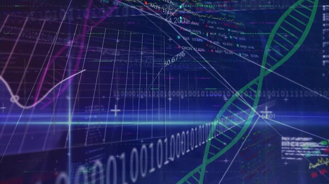 After light beams crossing, white line graph tracing percentage changes on 3D grid beside DNA helix