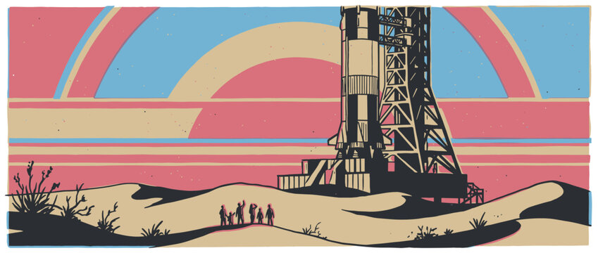 Large stylized rocket on a launchpad with a gantry tower stands ready for launch as a family watches in awe from a sandy dune in this retro illustration