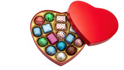 Colorful assorted chocolates in heart-shaped box