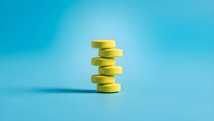 A precise vertical stack of six yellow tablets centered against a clean, vibrant blue background.