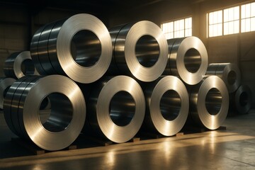 Rolls of polished steel coils stacked in a warehouse with dramatic lighting and industrial background setting in warm tones. Ai generative. Ai generative