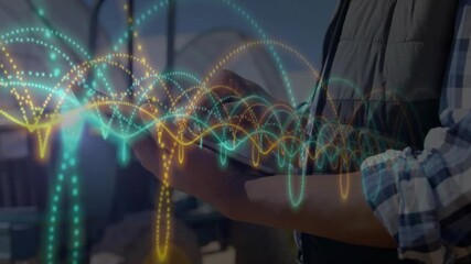 Field engineer tapping tablet and animating layered data waves for real time construction metrics - Powered by Adobe