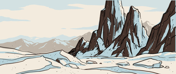 Illustrated snowy mountain peaks in a vast winter landscape with a graphic novel art style and muted color palette for an adventurous mood