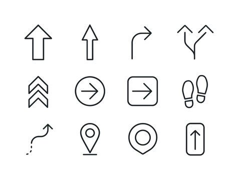 Directional Floor Icons. Directional floor stickers. Line icon set of Directional floor stickers: big arrow, thin arrow, curved arrow, split arrows,