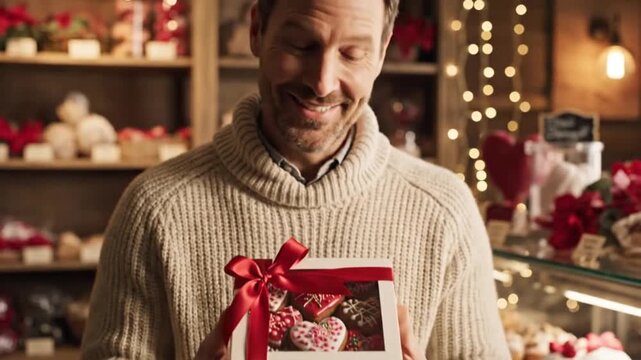 A smiling person in a beige knit sweater holds a white box with a red ribbon containing heartshaped decorated cookies within a warm festive store