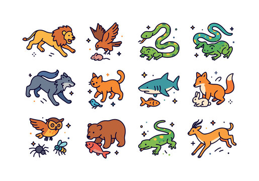 Colorful Predator-Prey Icons. Predator-Prey. Colorful isometric vector icons set of Predator-Prey: lion chasing antelope, hawk diving on mouse, snake striking