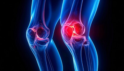 Digital illustration of a semi-transparent human knee joint with red inflammation highlighting pain or swelling.