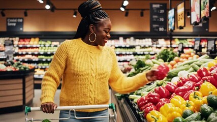 A smiling person in a yellow sweater holds a red pepper in a grocery stores produce section pushing a shopping cart