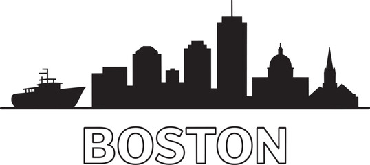 Fototapeta premium boston city skyline black silhouette with cruise ship and bold typography element