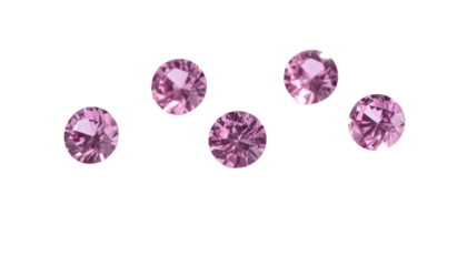 Five sparkling, round, pink gems are scattered on a stark black backdrop