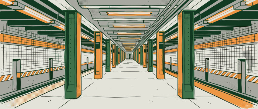 Empty subway station platform illustration with green and orange pillars viewed in a one-point perspective in a gritty comic book style with tiled walls and fluorescent lights