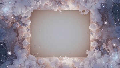 Magical winter wonderland scene with snowflakes and stars around empty frame