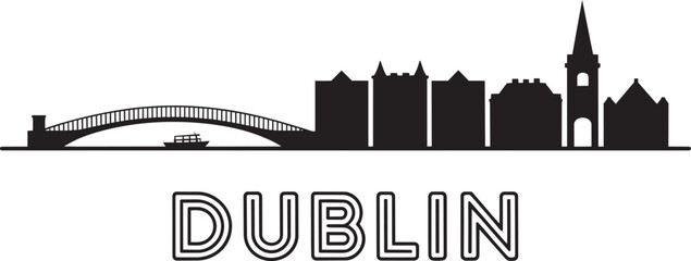 Obraz premium Dublin city skyline outline silhouette with famous architecture and landmarks