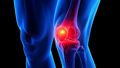 Digital illustration of a semi-transparent human knee joint with red inflammation highlighting pain or swelling.