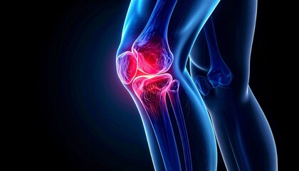 Digital illustration of a semi-transparent human knee joint with red inflammation highlighting pain or swelling.