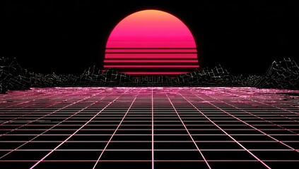 Retro sunset digital illustration with grid background and geometric style