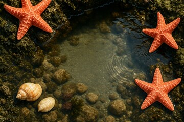 Bright starfish and seashells on rocky tide pool background with sunlight reflections in shallow water creating a peaceful summer beach atmosphere. Ai generative