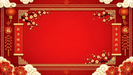 Vibrant red Chinese New Year background with traditional lanterns, scrolls, plum blossoms, and auspicious cloud patterns, perfect for festive greetings.