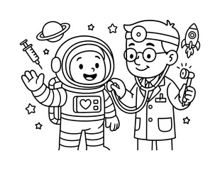 Fototapeta premium Space Doctor Coloring Page. Space doctor (aerospace medicine) children?s coloring book illustration, outlined drawing, doctor examining a cartoon astronaut