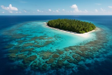 Tropical island surrounded by coral reefs in turquoise ocean under bright sunlight, clear sky and peaceful atmosphere as summer vacation concept. Ai generative