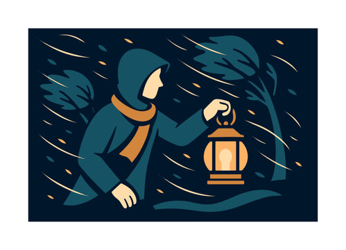 Lantern Amidst Storm. Holding steady. A figure grips a lantern that glows warmly despite roaring wind and bending trees. Light becomes an anchor of calm.