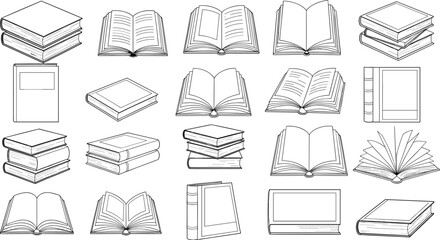 Black and white book outline vector set with open and closed textbooks stacks library reading icons isolated