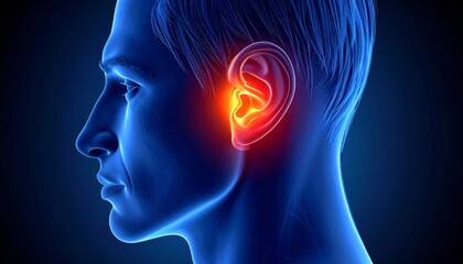 Digital illustration of a human head and upper neck in profile view, highlighting the brain and glowing inner ear.