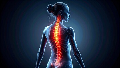 Digital illustration of a translucent human upper back highlighting the spine in red and orange tones on a blue body.