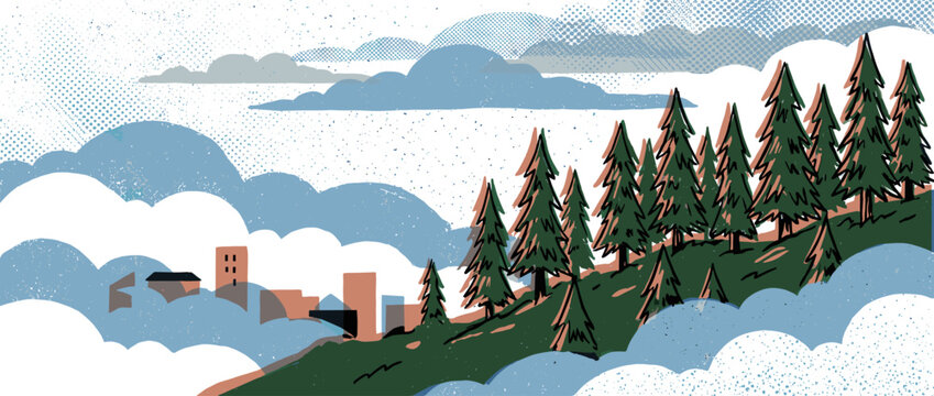 Stylized landscape illustration of a pine forest and town nestled among misty blue clouds with a textured, graphic, and modern risograph print style