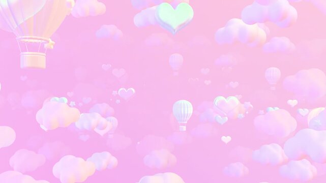 Fly through dreamy pastel hot air balloons and hearts in the pink sky animation. (loop)
