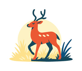 Deer in Glade. Deer in a glade. A gentle deer pauses in the center of a bright clearing, light catching on fresh grass. Curved shapes hint at