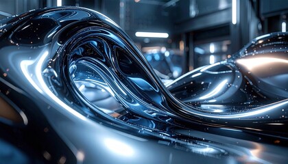 Abstract Metallic Wave Sculpture with Blue and Silver Tones.