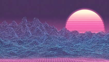 Retro sunset digital landscape with grid mountains and vibrant color gradients
