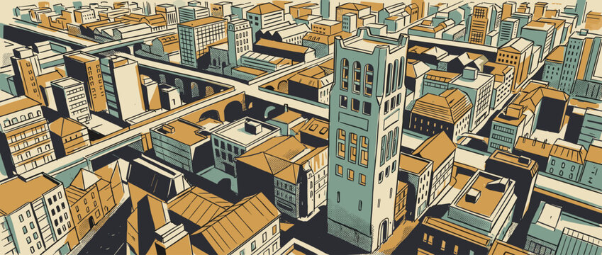 Stylized cityscape illustration with a prominent tower and buildings in a retro comic book style with a limited color palette, viewed from a high angle axonometric perspective