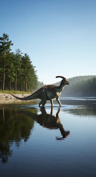 Parasaurolophus Dinosaur Standing in Calm Lake with Reflection.