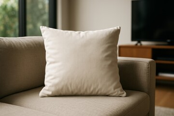 Beige square pillow mockup on neutral-toned sofa in cozy living room with natural light, ideal for branding or design presentation display. Ai generative